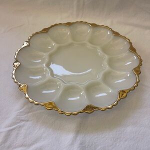 Vintage Milk Glass Deviled Egg Plate with 22K Gold Trim – 11”